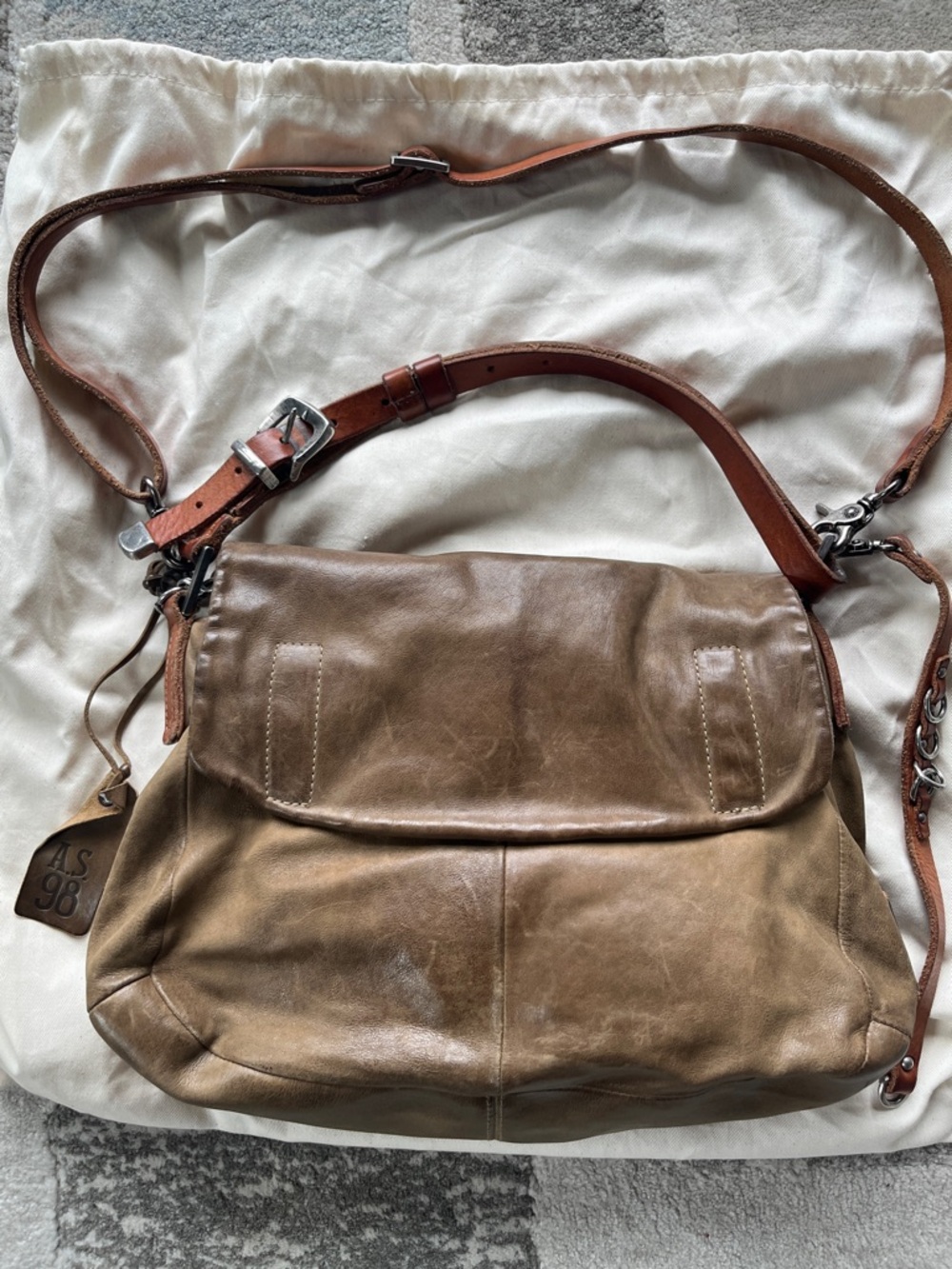 A.S.98 Khaki/Brown Leather Crossbody Shoulder Bag